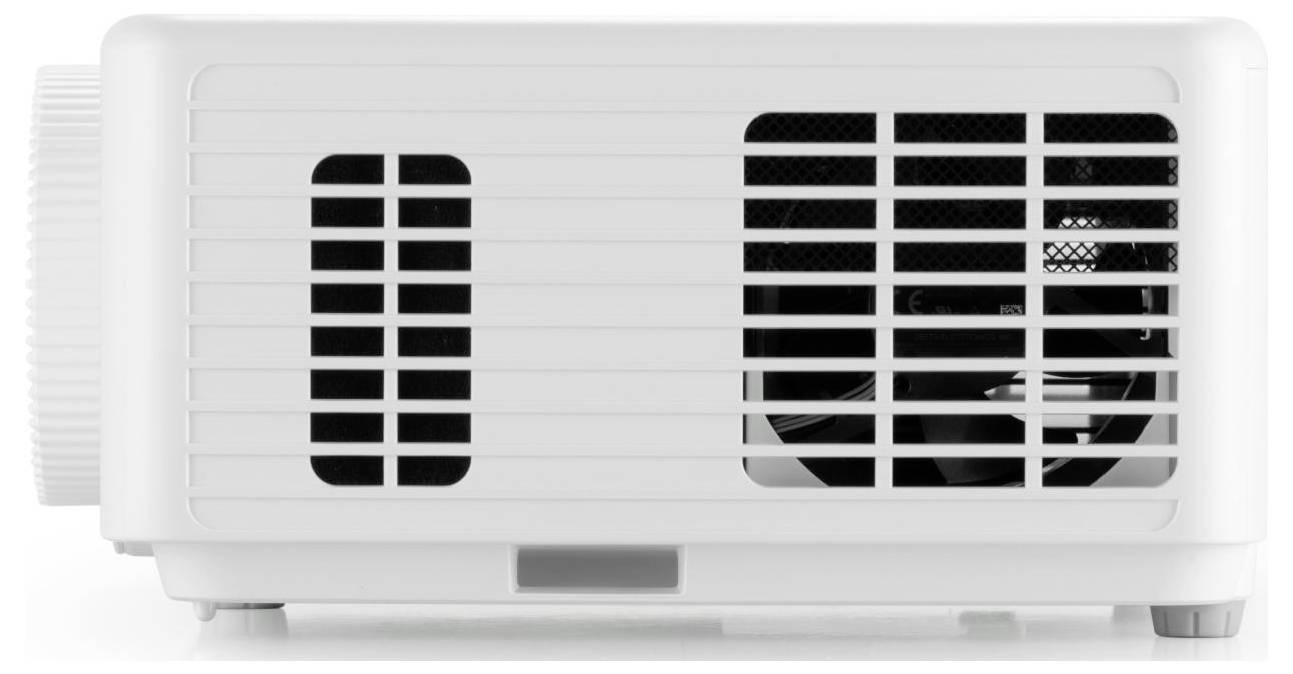 Eine weiße Lüftungseinheit mit horizontalen Lamellen und sichtbarem internem Ventilator, entwickelt zur Luftzirkulation in elektronischen Geräten.