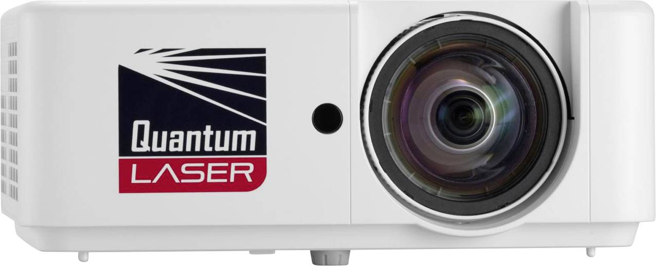 Ein weißer Projektor mit der Aufschrift 'Quantum LASER', ausgestattet mit einer großen Linse und einem schwarz/roten Logo mit stilisierten Strahlen auf der linken Seite.