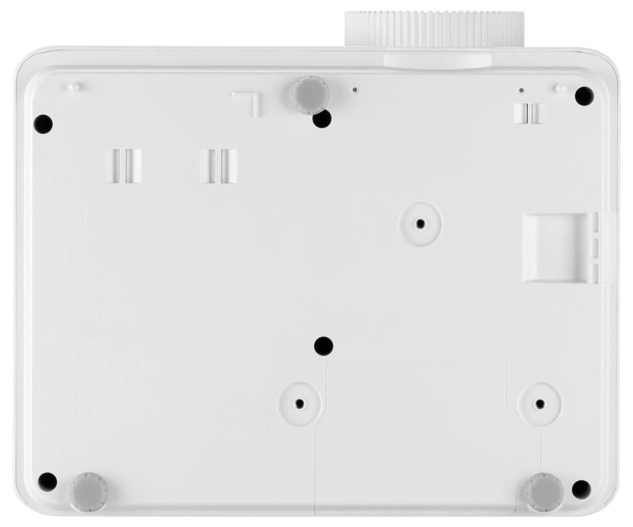 Das Bild zeigt die Unterseite eines weißen elektronischen Geräts mit verschiedenen runden und rechteckigen Vorsprüngen, möglicherweise für Montage oder Stabilität.