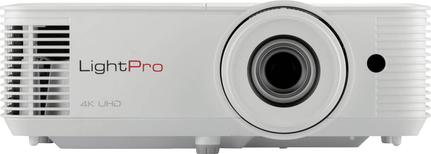 Frontansicht eines weißen Projektors mit dem Markennamen 'LightPro 4K UHD' an der Seite, mit einer großen zentralen Linse.