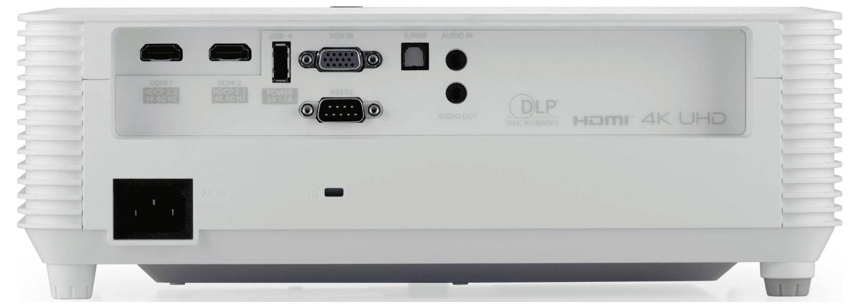 Rückseite eines weißen Projektors mit HDMI-, VGA-, USB- und Audioports, beschriftet mit 'DLP 4K UHD'. Stromanschluss in der unteren linken Ecke.