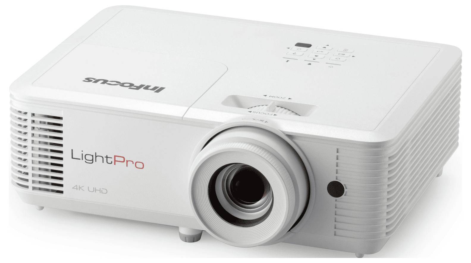 Ein weißer Projektor mit der Marke 'InFocus' und dem Modell 'LightPro 4K UHD', das an der Seite aufgedruckt ist, mit Bedienungstasten auf der Oberseite.