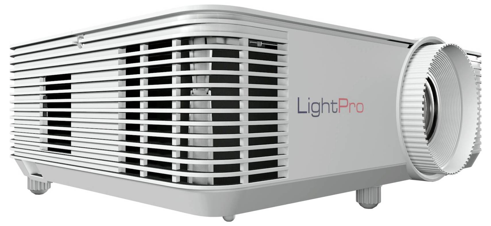 Ein 'LightPro' Projektor mit elegantem, modernem Design, mit seitlicher Belüftung und einem Fokuseinstellrad, der seine fortschrittliche Technologie hervorhebt.