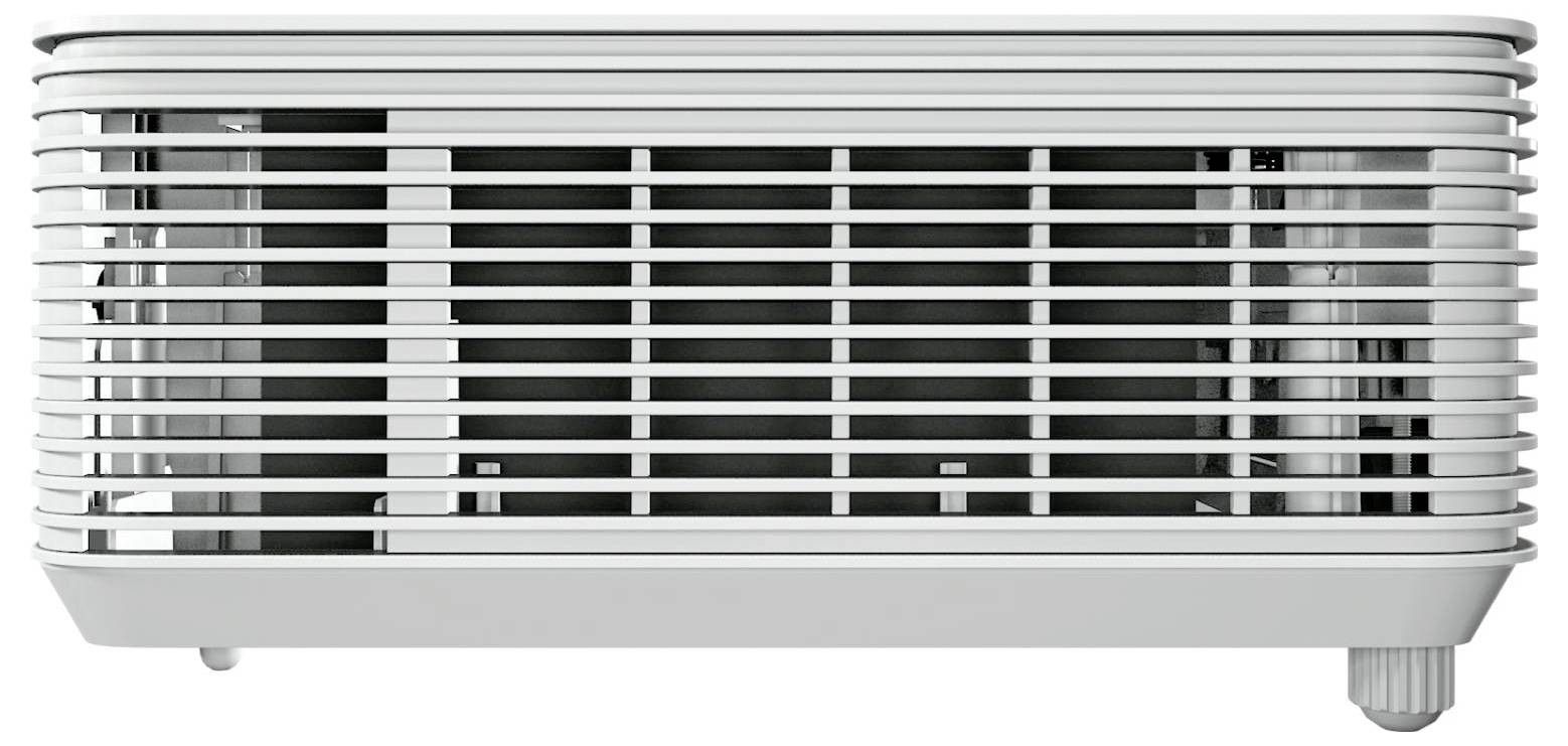 Eine Nahaufnahme einer weißen Klimaanlage mit horizontalen Lüftungsschlitzen. Das Design zeichnet sich durch eine kompakte, moderne rechteckige Form aus.