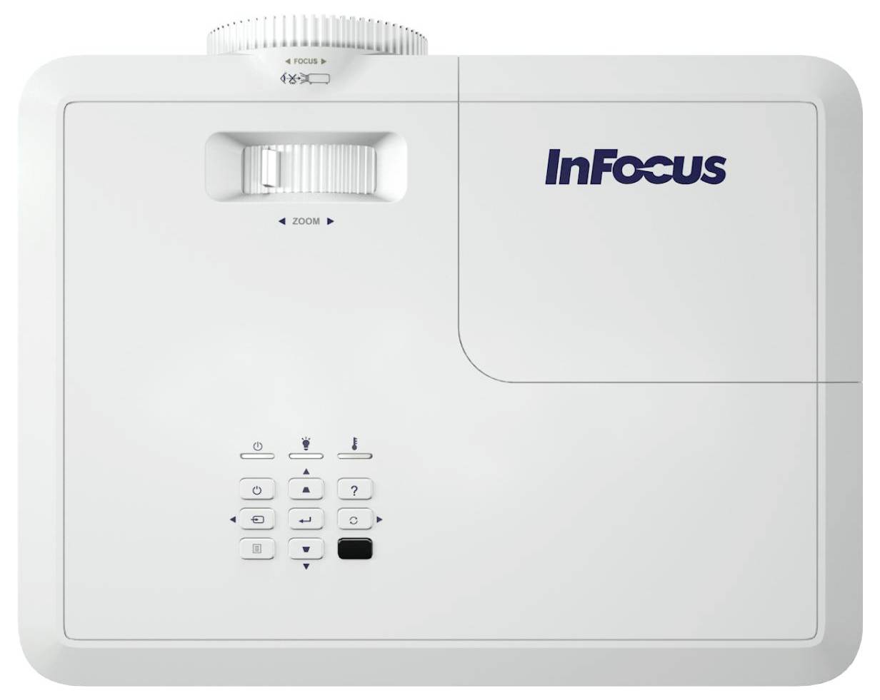 InFocus Projektor von oben betrachtet, mit Fokus- und Zoomeinstellungen, Steuerungstasten und Firmenlogo.