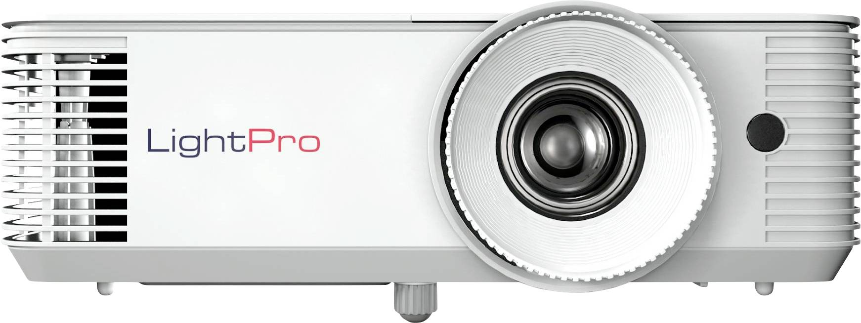 Ein weißer LightPro-Projektor mit einer markanten Linse auf der rechten Seite und Lüftungsschlitzen auf der linken Seite, konzipiert für Präsentationen oder den Heimgebrauch.