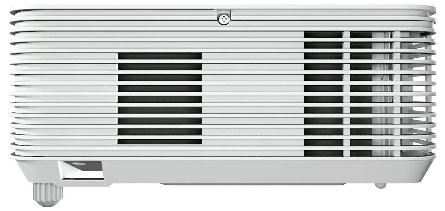 Ein grauer Projektor mit belüfteten Seiten, der auf kleinen Füßen steht, von der Seite betrachtet.