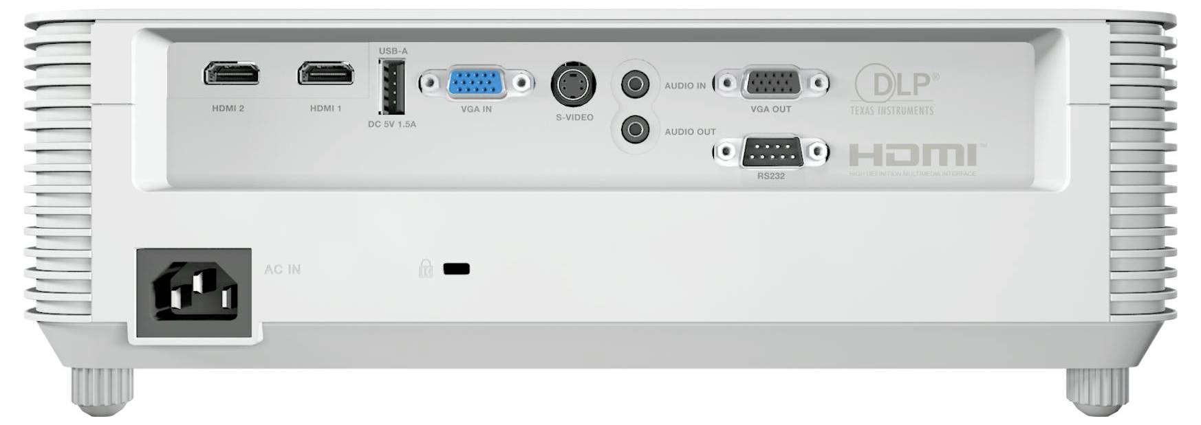 Rückansicht eines Projektors mit mehreren Anschlüssen, darunter HDMI, USB, VGA, Audio-Ein- und -Ausgang sowie S-Video, mit Netzteil links.