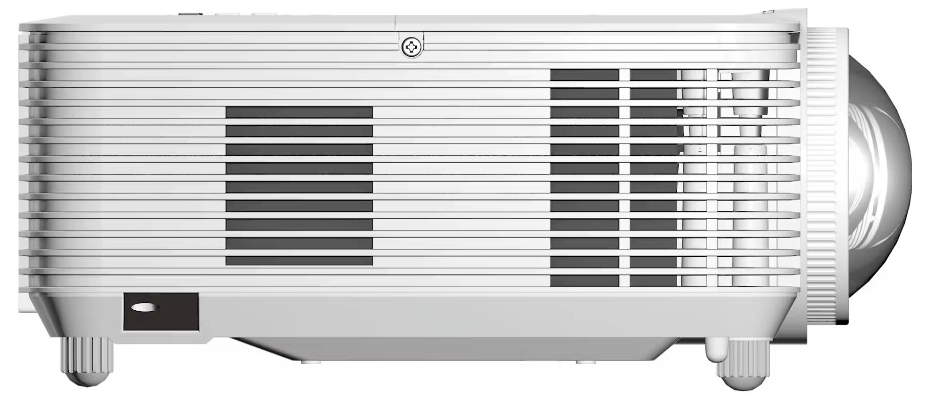 Ein silberner digitaler Projektor, der die Seitenansicht mit sichtbaren Kühlschlitzen und Linse zeigt, ruht auf vier kleinen Füßen, bereit zur Verwendung.