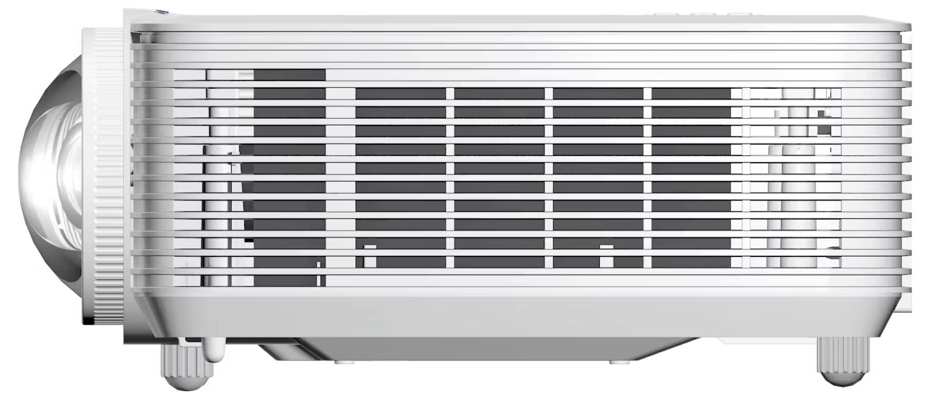 Ein digitaler Projektor mit einem silbernen und grauen metallischen Design, ausgestattet mit einer prominenten Linse auf der linken Seite und Lüftungsschlitzen.