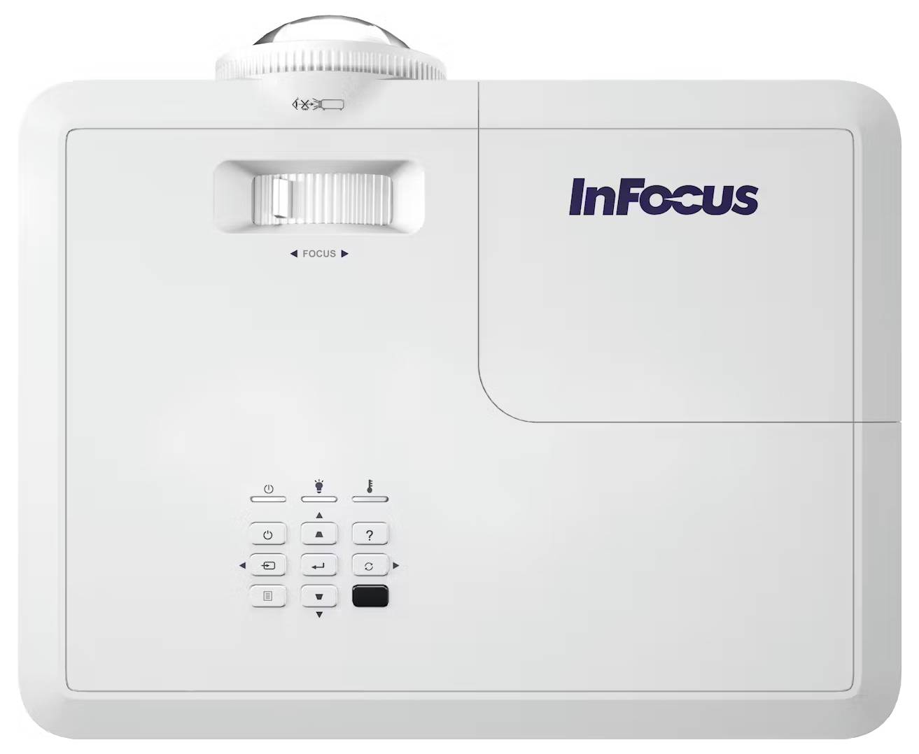 Ein weißer InFocus-Projektor, von oben betrachtet, der das Bedienfeld mit Tasten und Fokuseinstellregler zeigt.