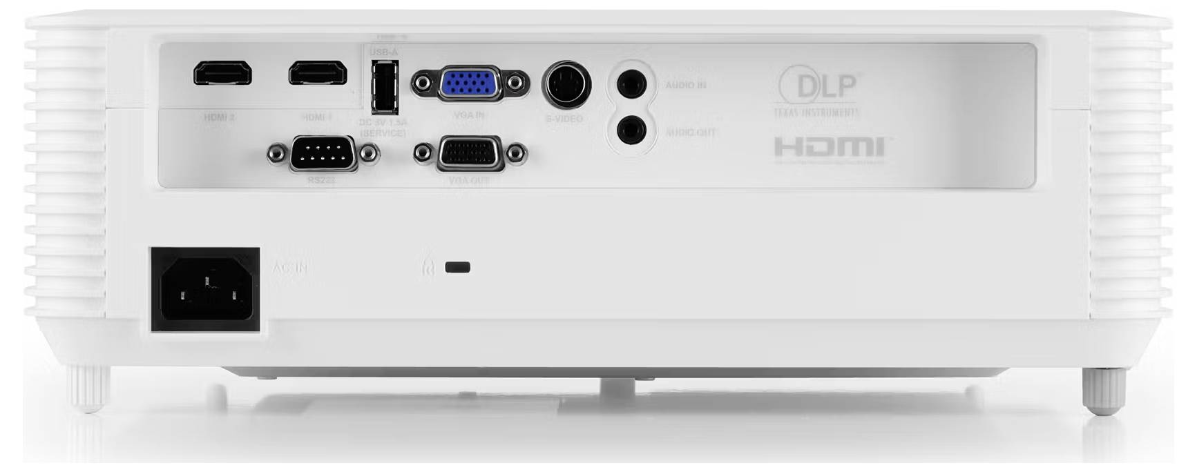 Das Bild zeigt die Rückseite eines weißen Projektors. Es umfasst verschiedene Eingangsbuchsen wie HDMI, VGA, USB und Audioausgänge.