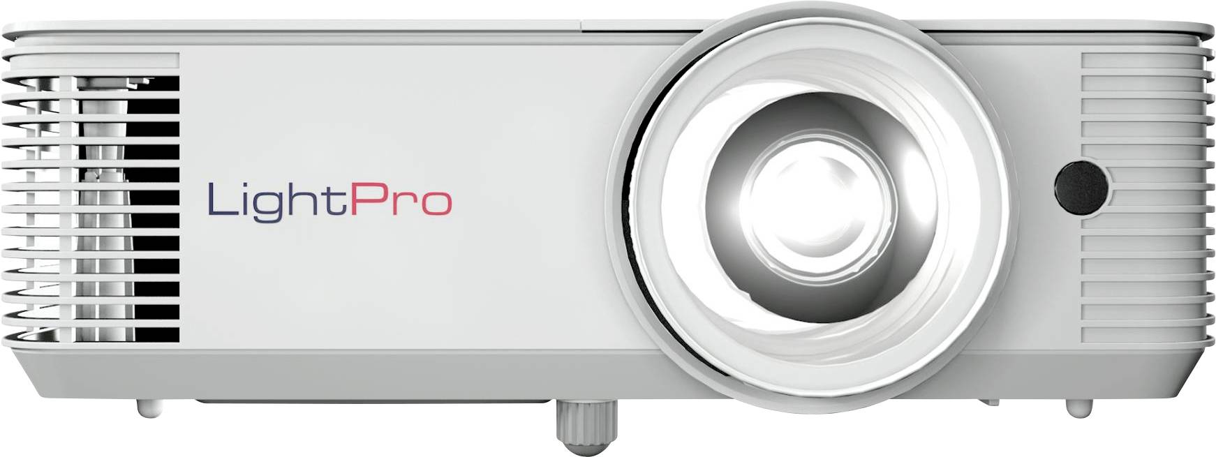 Frontansicht des LightPro-Projektors mit Linse und Logo.