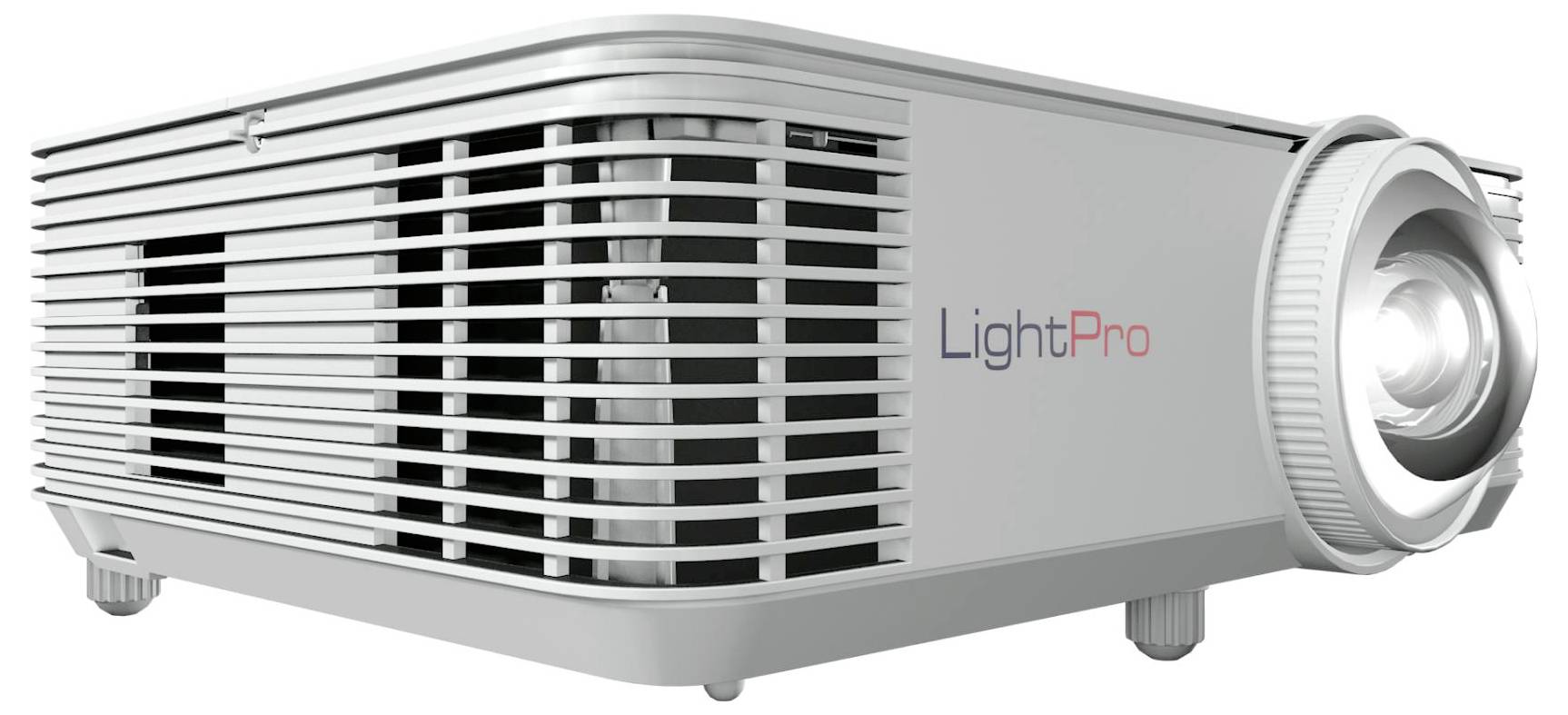 Projektor mit 'LightPro'-Branding an der Seite, diagonal positioniert, um die Linse vorne rechts und das belüftete Gehäuse links zu zeigen.