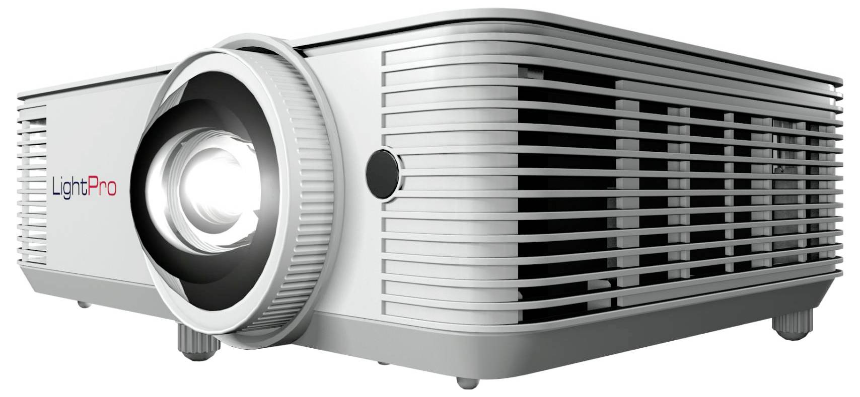 Ein schlankes, weißes Projektionsgerät mit der Aufschrift 