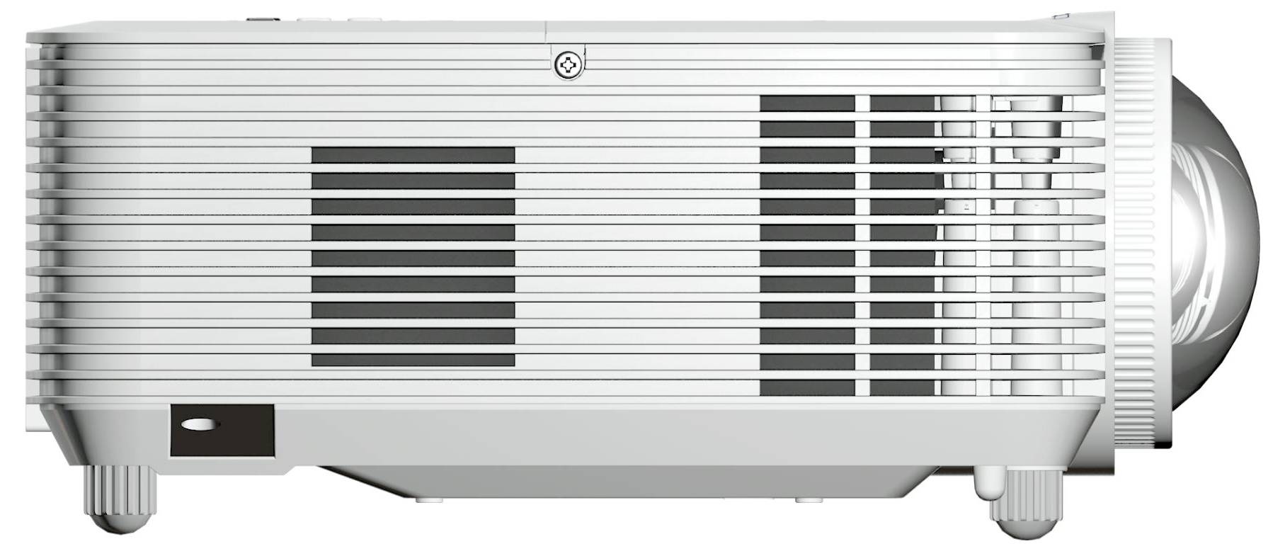 Ein silberner Projektor mit einer Linse auf der rechten Seite und belüfteten Paneelen an der Ober- und Seitenseite, geeignet für Präsentationen oder Vorführungen.