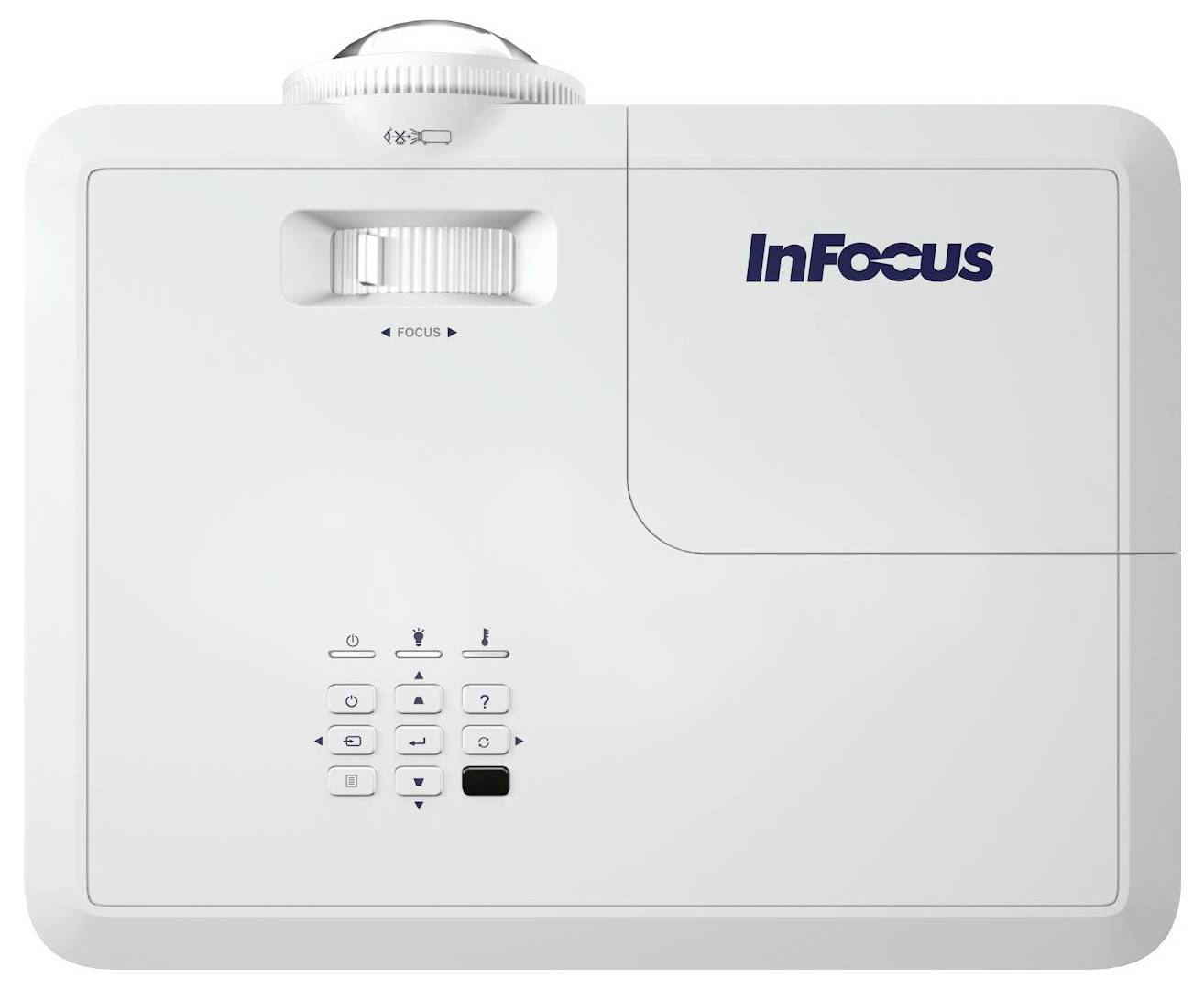 Ein weißer InFocus-Projektor aus der Draufsicht, mit einem Fokusrad und einem Bedienfeld mit mehreren Tasten für verschiedene Funktionen.