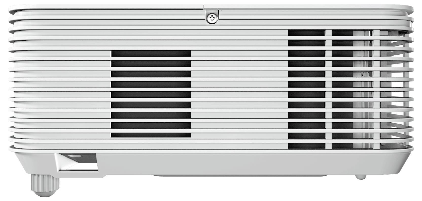 Eine Seitenansicht eines grauen elektronischen Geräts mit horizontalen Lüftungsschlitzen, möglicherweise ein Projektor oder ein Luftreiniger, vor einem weißen Hintergrund.