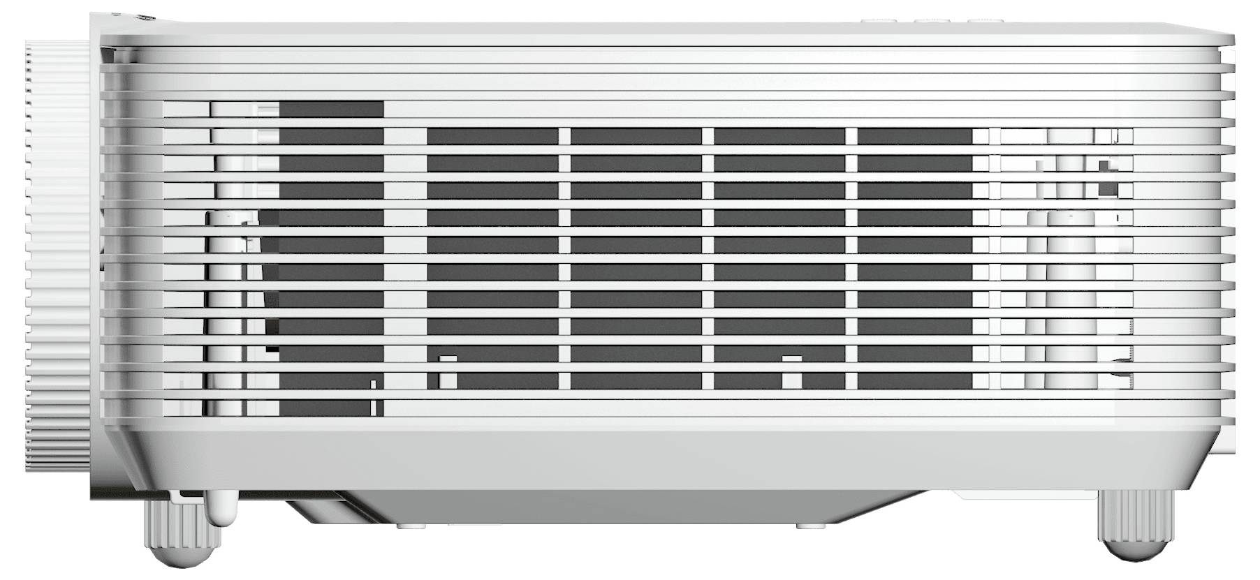 Ein weißes rechteckiges elektronisches Gerät mit horizontalen Lüftungsschlitzen und kleinen Füßen, möglicherweise ein Projektor oder eine Klimaanlage, von der Seite betrachtet.