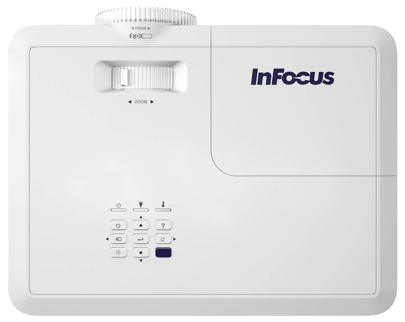 Ein weißer InFocus-Projektor wird von oben gezeigt mit Bedienknöpfen und Fokus-/Zoomrädern.