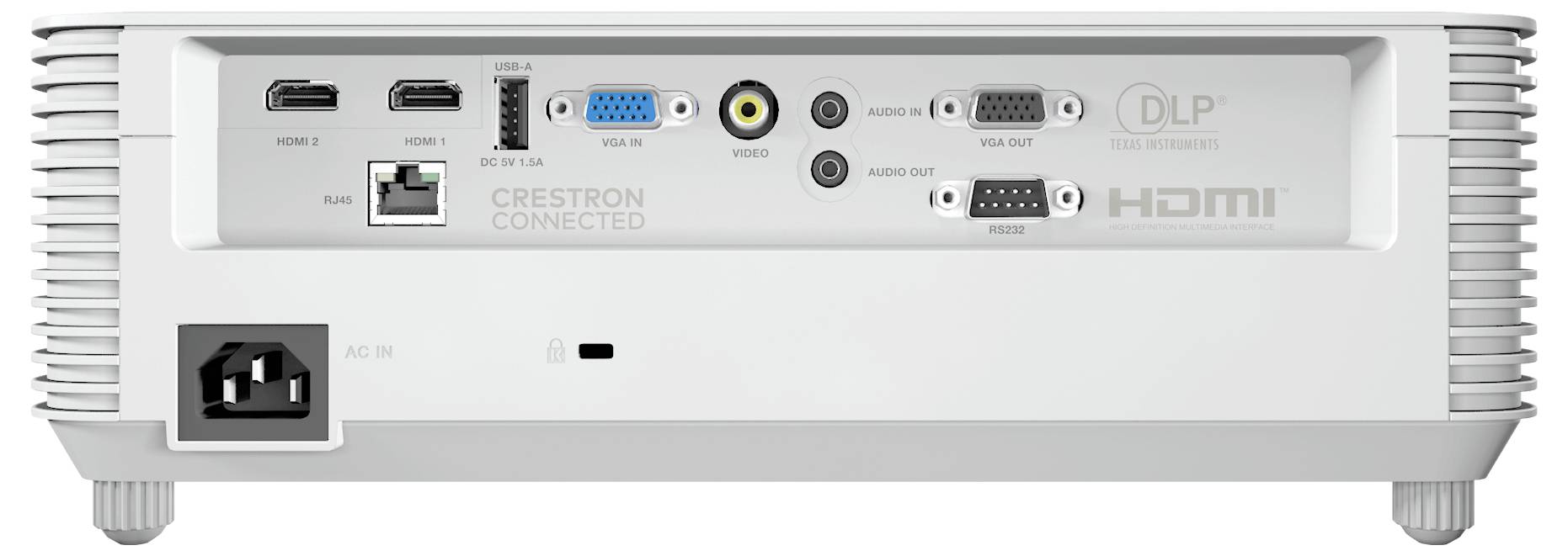 Rückansicht eines Projektors mit verschiedenen Anschlüssen, darunter HDMI, USB, VGA, LAN, Audio-Ein- und Ausgang. DLP- und Crestron Connected-Logos sind sichtbar.