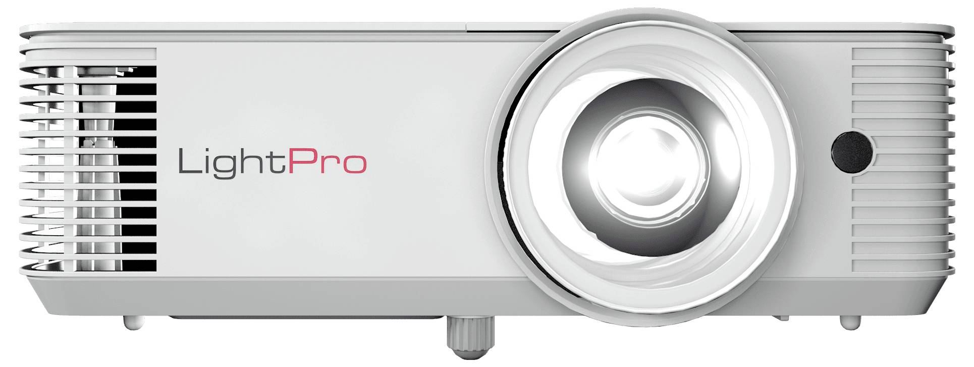 Ein weißer LightPro-Projektor mit einer markanten Linse, die nach vorne gerichtet ist, konzipiert für Präsentationen oder Heimkinonutzung.