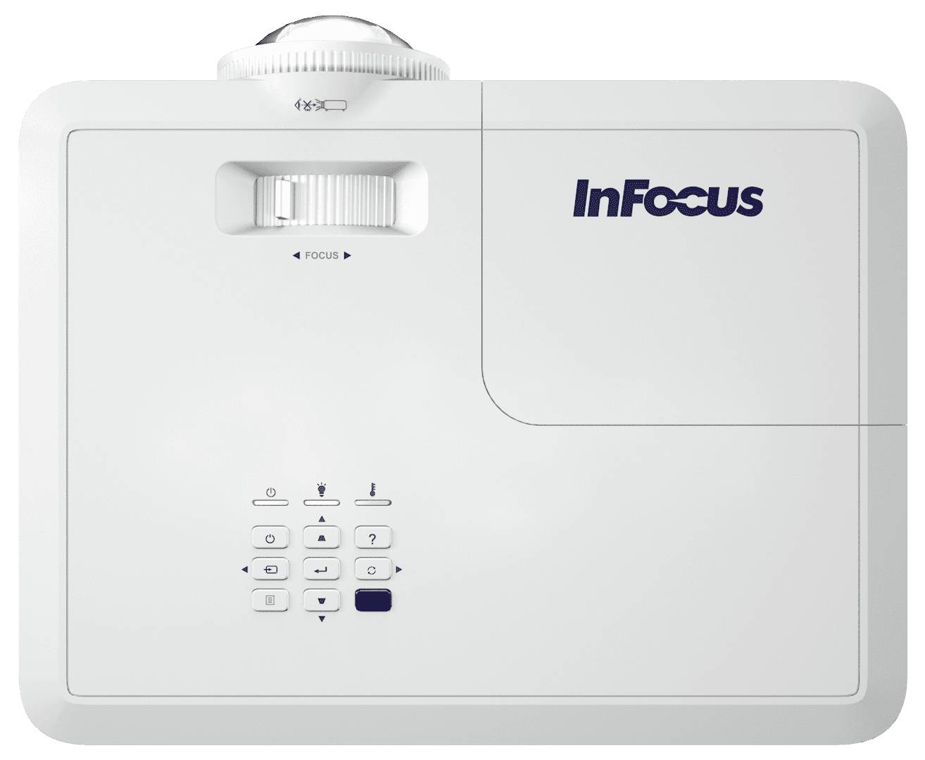 Ein weißer InFocus-Projektor mit Bedienfeld und Fokusrad oben, entwickelt für Multimediapräsentationen.