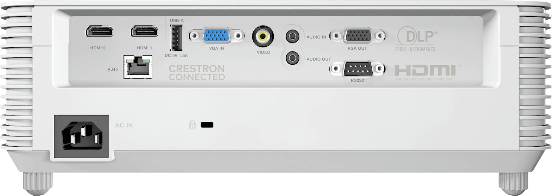 Rückansicht eines Projektors mit Eingabeanschlüssen, darunter HDMI, USB, VGA, Audio, LAN und Stromversorgung. Mit 'Crestron Connected' und 'DLP' Logos.