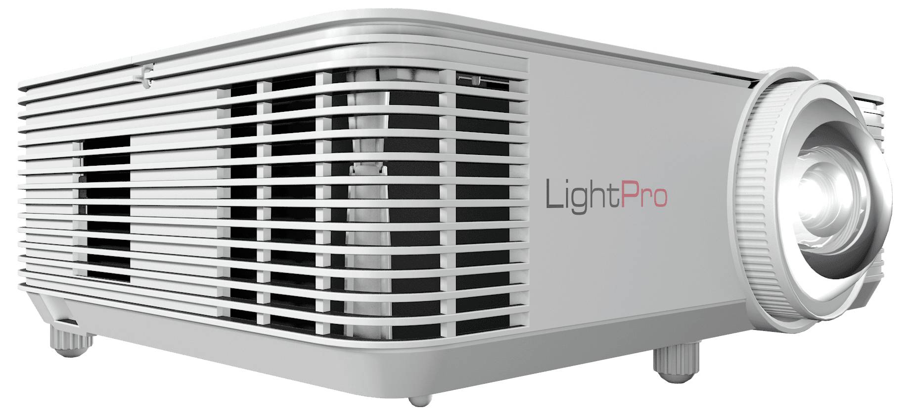 Ein grauer 'LightPro' Projektor mit einem metallischen Gitter und großer Linse, nach vorne ausgerichtet, wahrscheinlich für Präsentationen oder Heimkinozwecke.