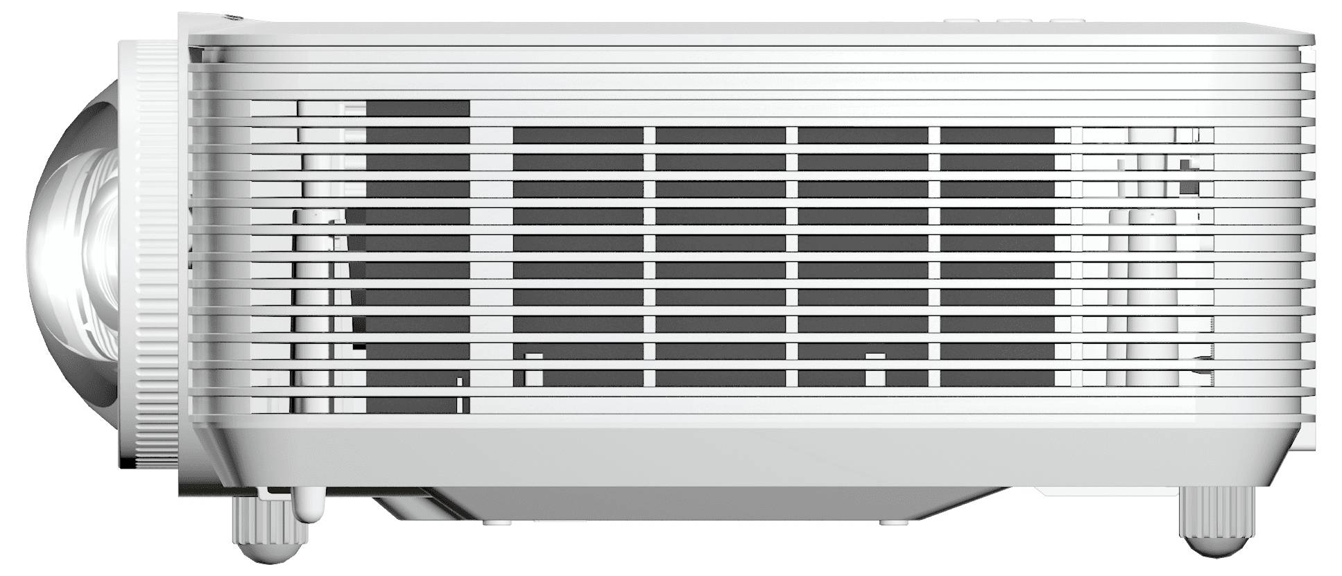 Ein weißer LCD-Projektor, von der Seite betrachtet, mit sichtbaren Lüftungsschlitzen und einem erkennbaren Objektiv auf der linken Seite.