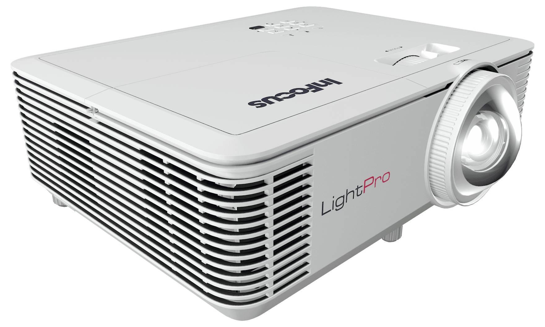 Ein weißer 'Infocus' LightPro Projektor mit einem Fokussierungseinstellungsrad und sichtbarer Linse, konzipiert für Präsentationen oder Medienvorführungen.