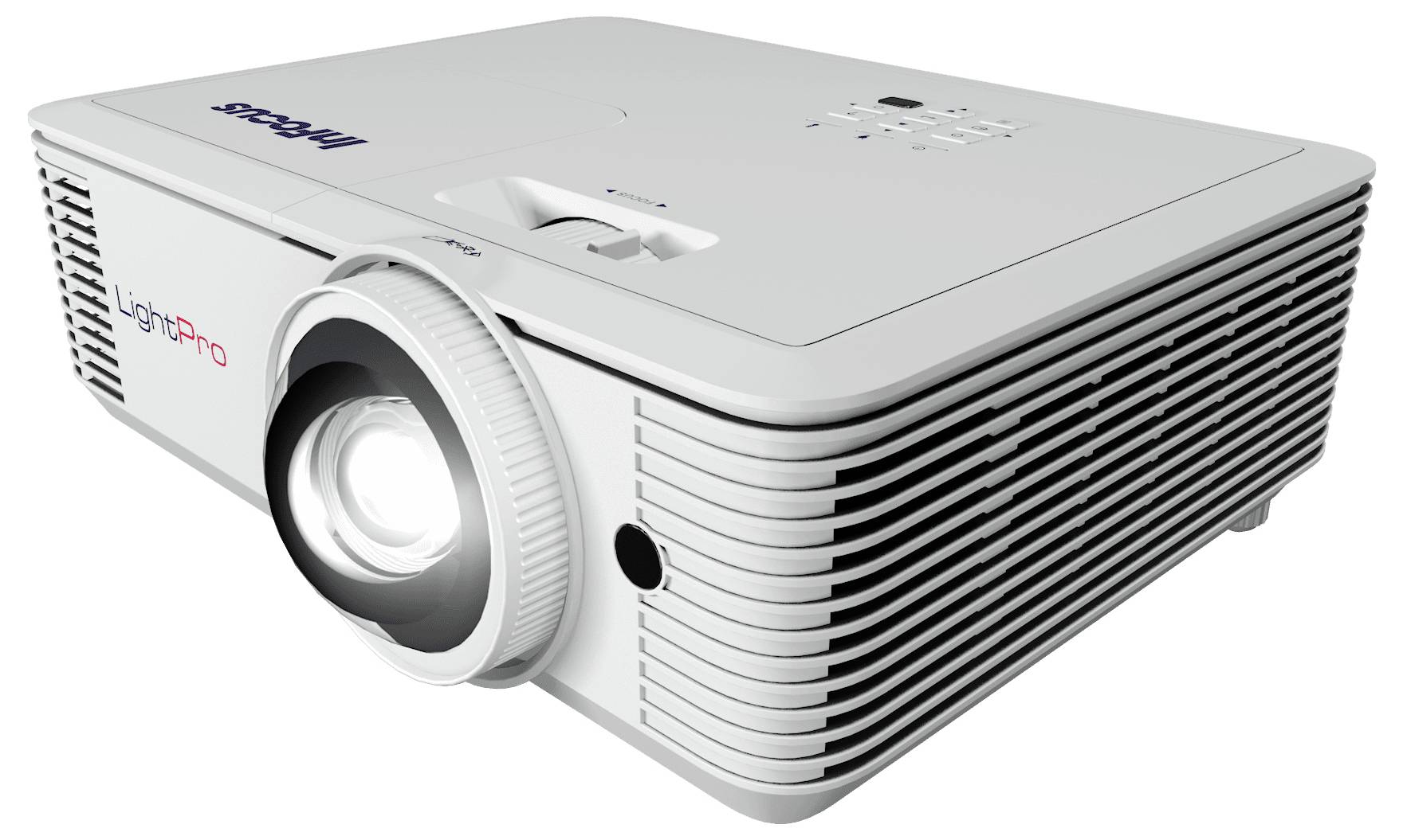 Ein weißer Multimediaprojector mit einer Linse an der Vorderseite und Steuerungstasten auf der Oberseite, entwickelt für Präsentationen und visuelle Darstellungen.
