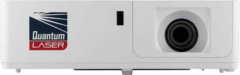 Ein weißer Projektor mit einer Linse auf der rechten Seite und einem 'Quantum LASER' Logo auf der linken Seite.