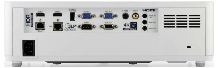 Rückansicht eines Projektors mit verschiedenen Anschlüssen, darunter HDMI, VGA, LAN, USB und Audio; gekennzeichnet für HDR- und 4K-Fähigkeiten.