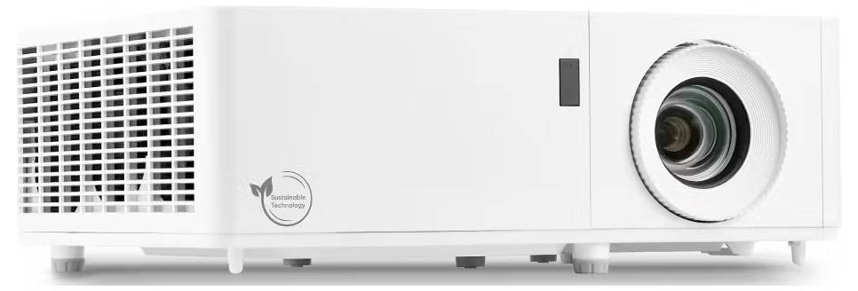 Ein weißer Projektor mit einem Nachhaltigkeitslogo wird gezeigt.