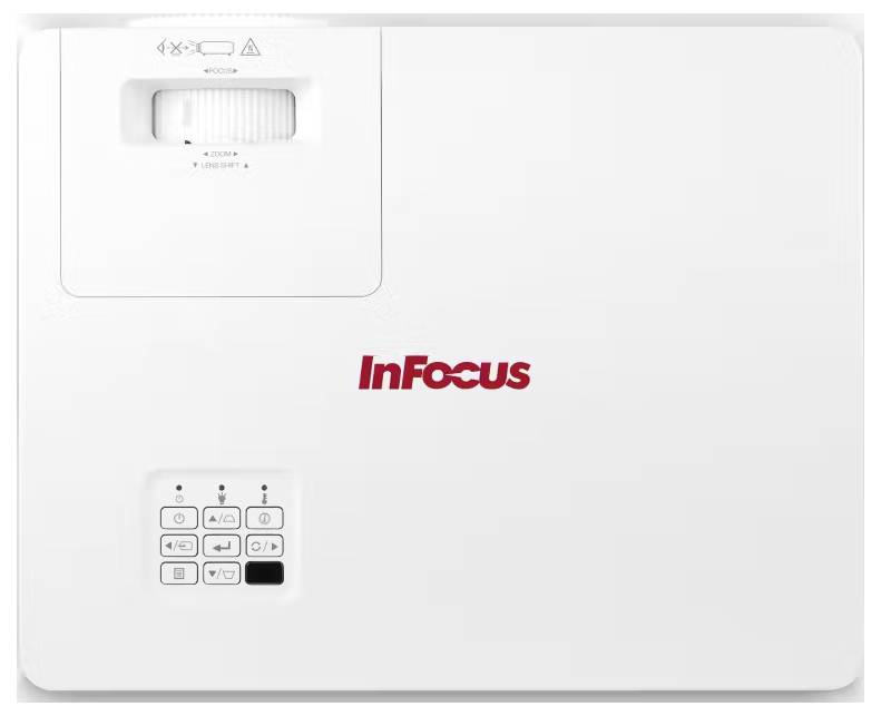 Ein weißer InFocus-Projektor mit Bedienungstasten und Einstellungsrädchen auf der Oberseite, mit dem InFocus-Logo prominent in der Mitte.