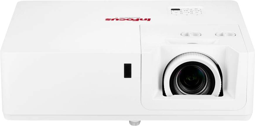 Ein weißer Projektor mit einer prominent platzierten Linse. Der Markenname ist auf der Oberfläche oben sichtbar.