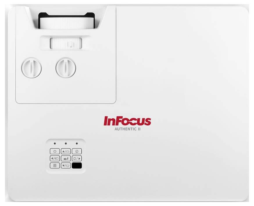Weißer InFocus Authentic II Projektor mit Bedienungstasten auf der Oberseite und Fokusregler, entwickelt für Präsentationen und Medienanzeige.