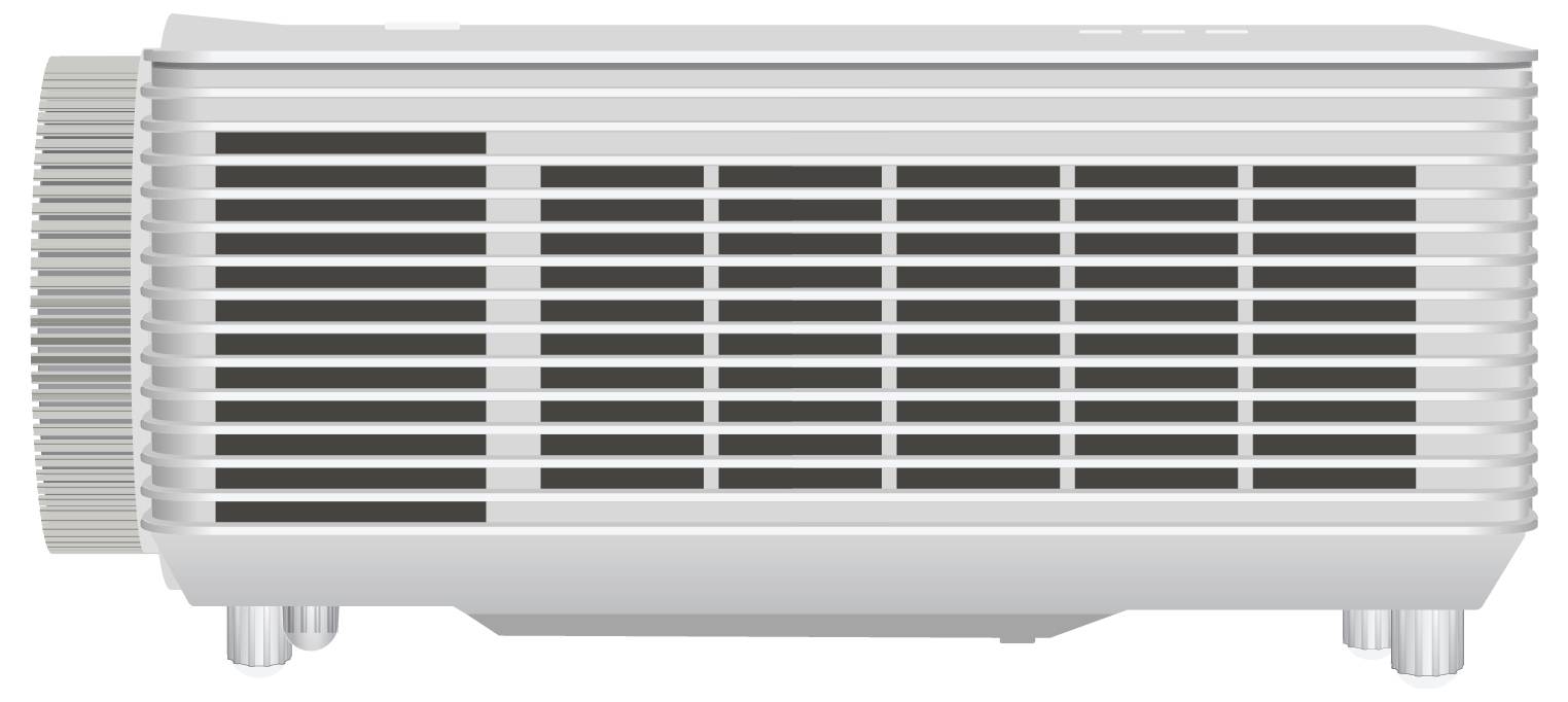 Ein silberner Projektor mit einem großen Fokussierring und belüfteten Seiten, der auf einer flachen Oberfläche platziert ist, wahrscheinlich für Multimedia-Präsentationen oder Heimkinozwecke.