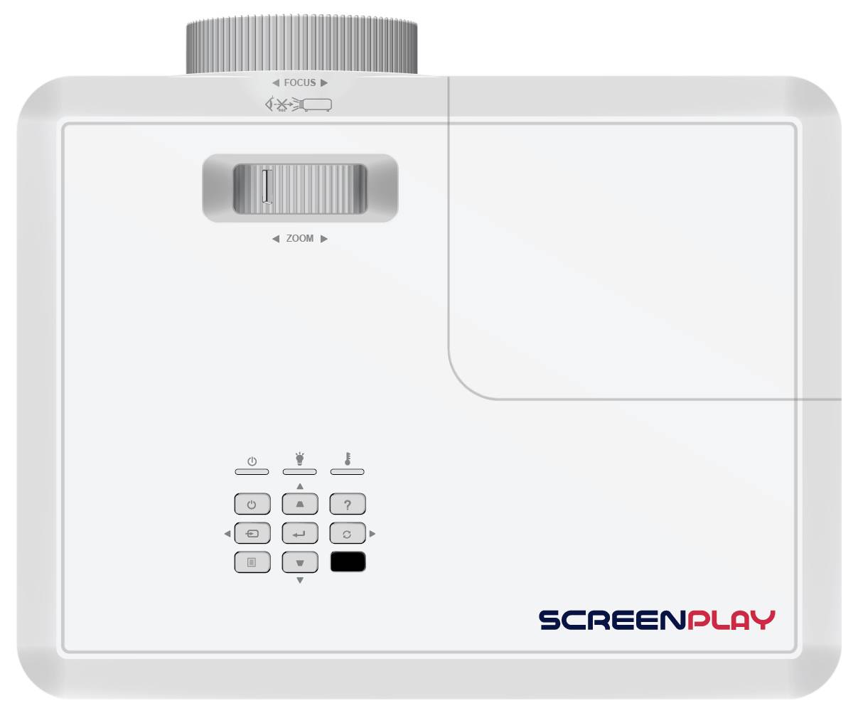 Draufsicht eines weißen Projektors mit der Aufschrift 