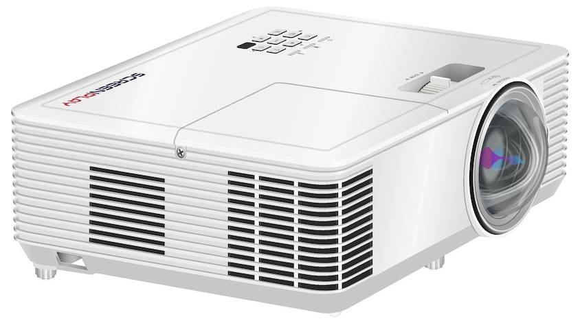 Ein weißer Multimediaprojector mit Linse und Bedienungstasten auf der Oberseite, konzipiert für Präsentationen oder Heimkinobetrieb.