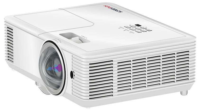 Ein weißer, kompakter Multimediaprojector mit Bedienungstasten auf der Oberseite und einer sichtbaren Linse auf der linken Vorderseite.