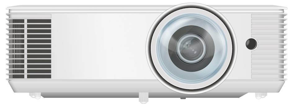 Eine Frontansicht eines weißen digitalen Projektors mit einer prominenten Linse und einem belüfteten Bedienfeld auf der linken Seite.