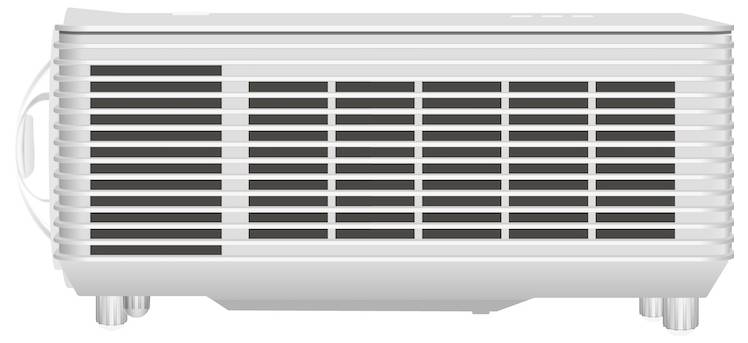Eine Nahaufnahme eines weißen, rechteckigen elektronischen Geräts mit Lüftungsschlitzen, möglicherweise ein Projektor, von der Seite betrachtet.