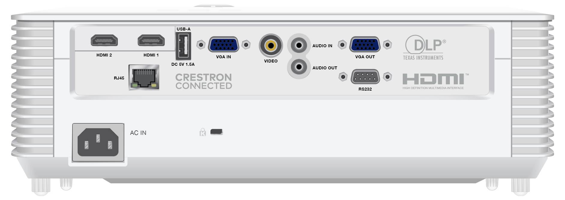 Rückansicht eines elektronischen Geräts mit HDMI-, VGA-, Audio- und USB-Anschlüssen. Crestron Connected und HDMI-Logos sind sichtbar.