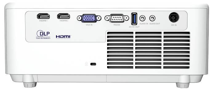 Rückansicht eines weißen Projektors mit verschiedenen Anschlüssen wie HDMI, VGA, USB, Audio-Ein-/Ausgang und Stromanschluss.