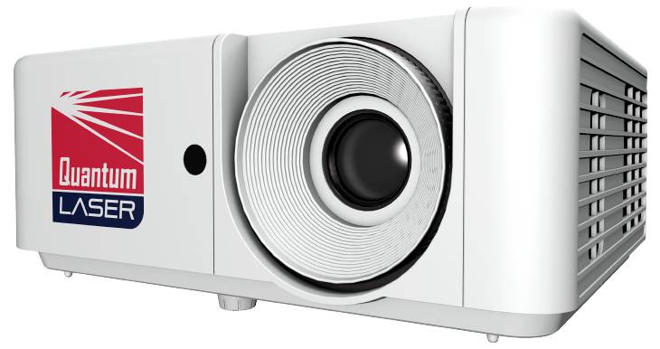Ein weißer Projektor mit einem 'Quantum LASER' Logo an seiner Seite, ausgestattet mit einer großen Linse, der zum Projizieren von Bildern oder Videos verwendet wird.