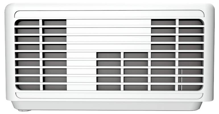 Eine weiße Klimaanlage, von vorne betrachtet, mit sichtbarem Lüftungsgitter und Belüftungsöffnungen.