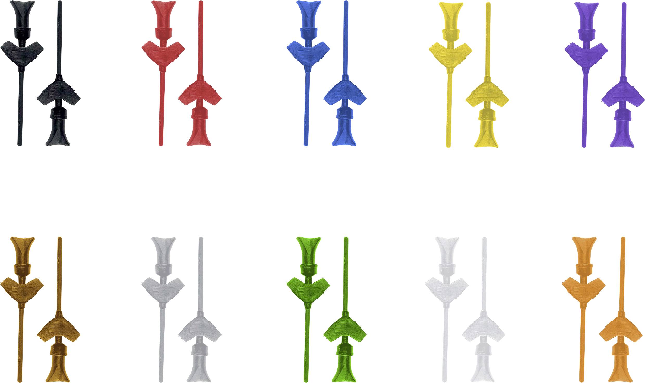 Bunte Plastik-Lego-Steine paarweise in zwei Reihen angeordnet, mit schwarzen, roten, blauen, gelben, grünen und orangefarbenen Farben.