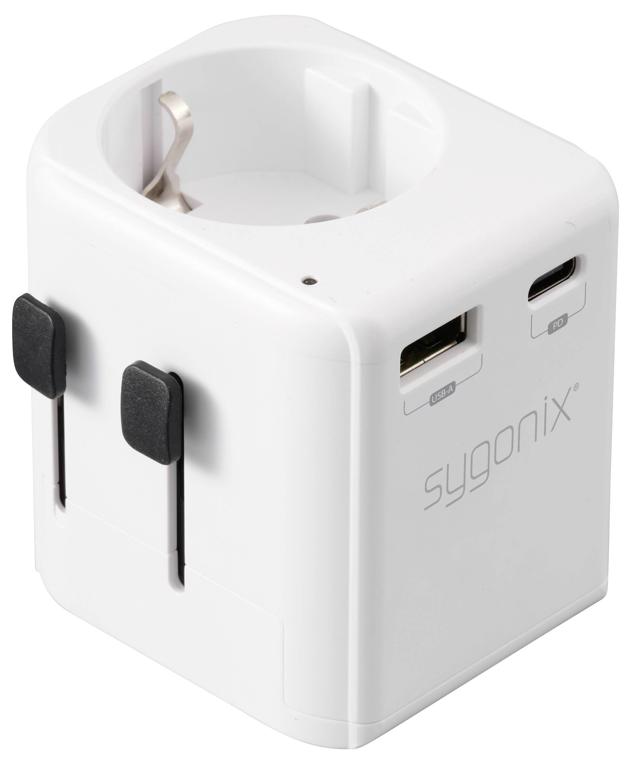 Ein weißer Sygonix Universal-Reiseadapter mit mehreren Steckertypen und USB-Anschlüssen, entwickelt für vielseitige Lademöglichkeiten weltweit.